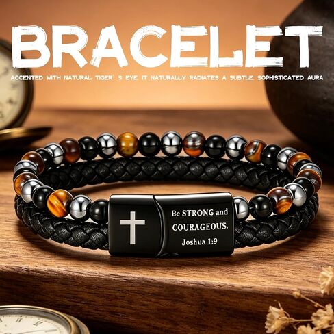 GAUEIOUR Christian Cross Bracelet for Men Stainless Steel Double Row Leather Braided Mens Bead Bracelets Religious Bilble Verses Faith Bracelet Baptism Easter Jewelry Gifts for Son Dad Husband in Saudi Arabia