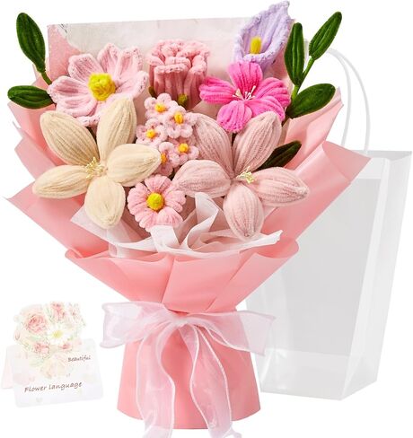 Pipe Cleaner Flower Bouquet Already Made, Pink Chenille Stem Flowers, Flower Bouquet for Mom Women, Birthday Anniversary Graduation Gift(Include Card) in Saudi Arabia