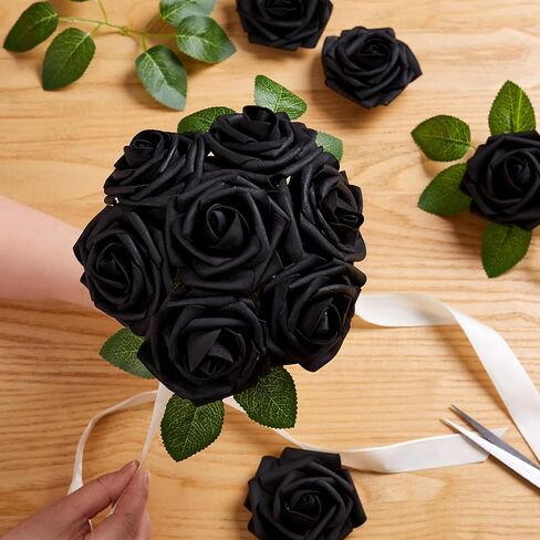 16 Pcs Black Roses Artificial Flowers Foam Roses with Stems, Black Flowers for DIY Gothic Decor, Halloween Arrangements, Home Accents in Saudi Arabia