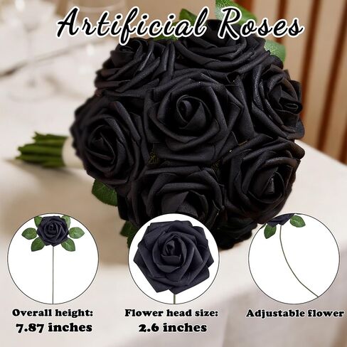 16 Pcs Black Roses Artificial Flowers Foam Roses with Stems, Black Flowers for DIY Gothic Decor, Halloween Arrangements, Home Accents in Saudi Arabia