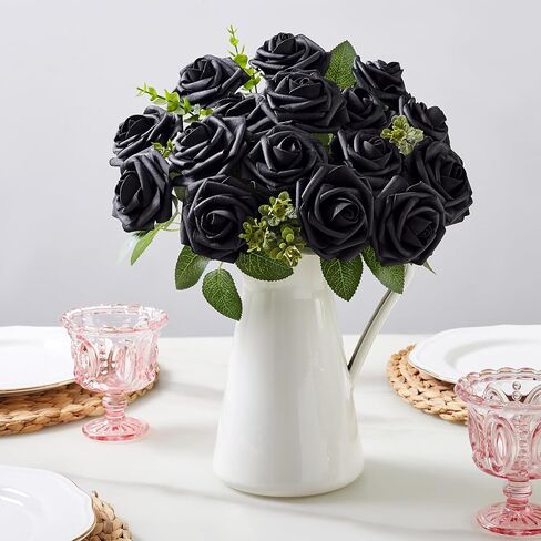 16 Pcs Black Roses Artificial Flowers Foam Roses with Stems, Black Flowers for DIY Gothic Decor, Halloween Arrangements, Home Accents in Saudi Arabia