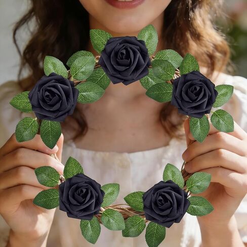 16 Pcs Black Roses Artificial Flowers Foam Roses with Stems, Black Flowers for DIY Gothic Decor, Halloween Arrangements, Home Accents in Saudi Arabia
