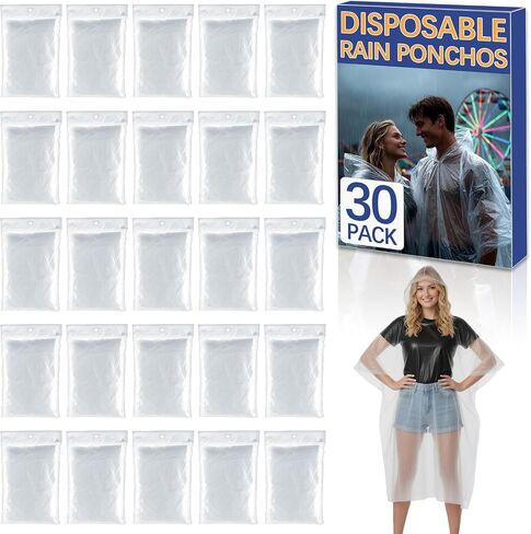 30 Pack Disposable Rain Ponchos for Adults, Emergency Clear Poncho with Hood Waterproof Bulk Plastic Rain Coat Family Pack for Hiking, Camping, Travel in Saudi Arabia