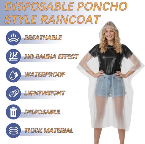 30 Pack Disposable Rain Ponchos for Adults, Emergency Clear Poncho with Hood Waterproof Bulk Plastic Rain Coat Family Pack for Hiking, Camping, Travel in Saudi Arabia