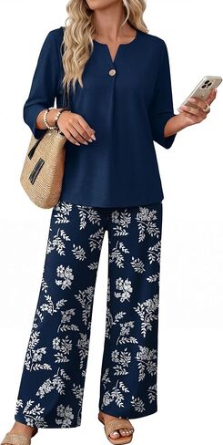 WIHOLL Two Piece Sets for Women 3/4 Length Sleeve Lounge Sets Summer Spring Vacation Travel Outfits Fashion Clothing in Kuwait