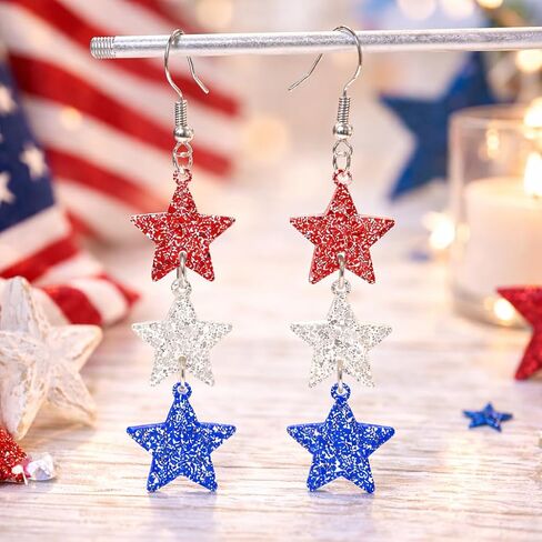 4th of July Star Dangle Earrings for Women Red White and Blue Patriotic Drop Earring Independence Day Outfit Jewelry in Saudi Arabia