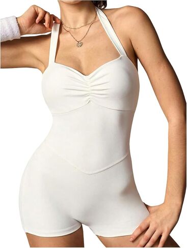 BEAUDRM Women's Workout Romper Y2k Halter Jumpsuits Open Back Sleeveless Yoga Athletic Shorts Jumpsuit in Kuwait
