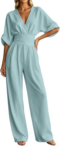 Jumpsuits For Women Summer Linen Wide Leg V Neck High Waist One Piece Outfit 2026 Travel Casual Cute Vacation Outfits in Kuwait