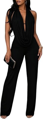 Tcremisa Sexy Jumpsuits for Women Summer Halter Sleeveless Backless Drape Ruched Front Wide Leg Jumpsuit Clubwear in Saudi Arabia