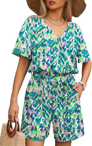 Women's Summer Romper Tropical Print Short Sleeve Casual Wide Leg Beach Vacation Outfit Mini One Piece Jumpsuit S-XL in Saudi Arabia