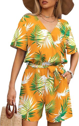 Women's Summer Romper Tropical Print Short Sleeve Casual Wide Leg Beach Vacation Outfit Mini One Piece Jumpsuit S-XL in Kuwait