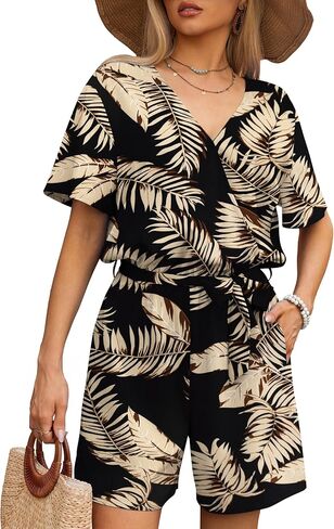 Women's Summer Romper Tropical Print Short Sleeve Casual Wide Leg Beach Vacation Outfit Mini One Piece Jumpsuit S-XL in Kuwait