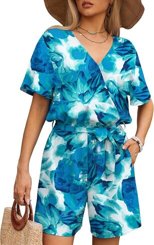 Women's Summer Romper Tropical Print Short Sleeve Casual Wide Leg Beach Vacation Outfit Mini One Piece Jumpsuit S-XL in Kuwait