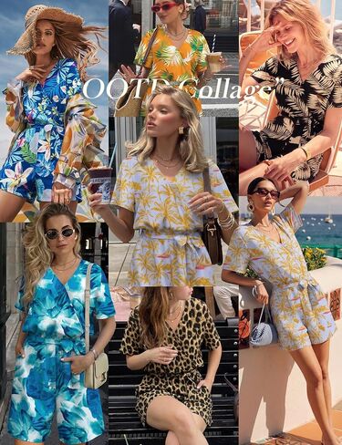 Women's Summer Romper Tropical Print Short Sleeve Casual Wide Leg Beach Vacation Outfit Mini One Piece Jumpsuit S-XL in Kuwait