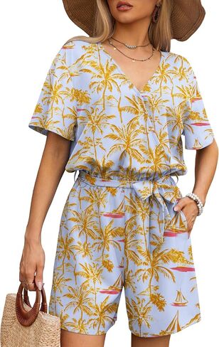 Women's Summer Romper Tropical Print Short Sleeve Casual Wide Leg Beach Vacation Outfit Mini One Piece Jumpsuit S-XL in Kuwait