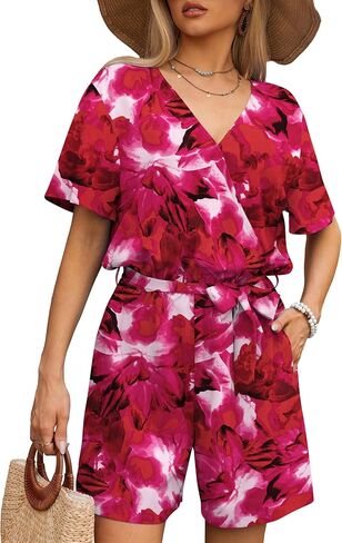 Women's Summer Romper Tropical Print Short Sleeve Casual Wide Leg Beach Vacation Outfit Mini One Piece Jumpsuit S-XL in Kuwait