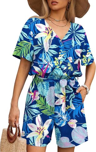 Women's Summer Romper Tropical Print Short Sleeve Casual Wide Leg Beach Vacation Outfit Mini One Piece Jumpsuit S-XL in Kuwait