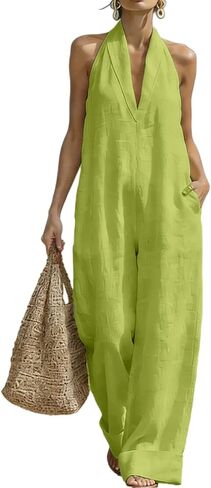 Linen Jumpsuits for Women Casual Dressy Wide Leg Jumpsuits Sleeveless V Neck Halter Jumpsuit Beach Vacation Outfits in Saudi Arabia