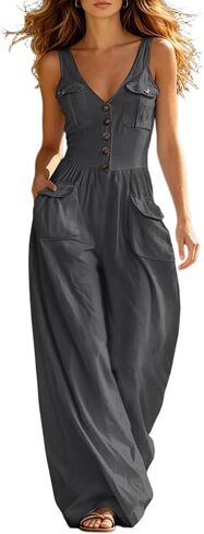Women Button Down Cotton Linen Jumpsuit V Neck Sleeveless Romper Loose Fit Overalls Pockets Beach Vacation 2026 in Kuwait