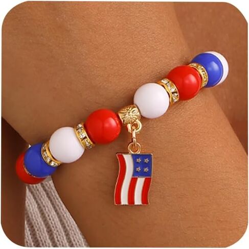 4th of July Red White Blue Beaded Stretch Bracelet for Women and Girls, Patriotic Jewelry for Holiday and Soccer Parties, Game Day and Festive Celebrations in Saudi Arabia