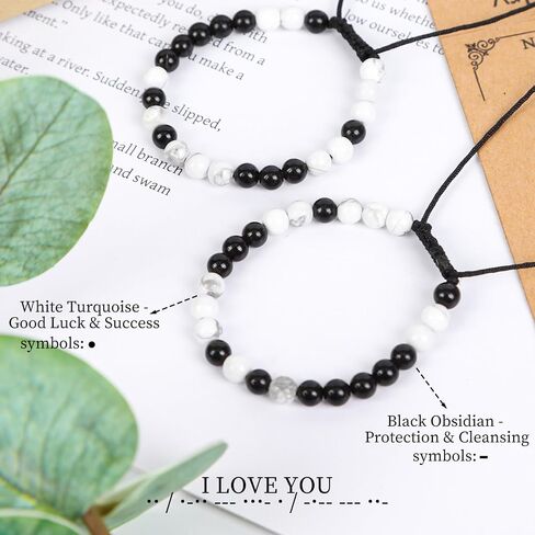 Morse Code Matching Bracelets for Couples - I love You Bracelet with Card Obsidian Turquoise Couples Bracelets Jewelry Gifts for Him Her Boyfriend Girlfriend Mothers Day Fathers Day Birthday Graduation Anniversary‌ in Saudi Arabia