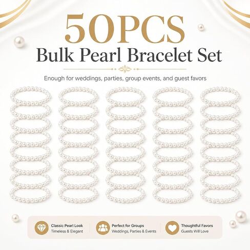 TUYUU 50PCS Pearl Bracelets for Women - 6mm White Bracelet Faux Pearl Elastic Stretch Set - Wedding Bridal Shower Bridesmaid Gifts Party Favors Pearl Jewelry Set in Kuwait