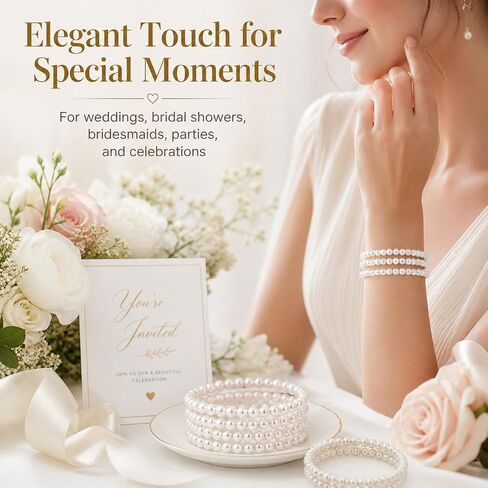 TUYUU 50PCS Pearl Bracelets for Women - 6mm White Bracelet Faux Pearl Elastic Stretch Set - Wedding Bridal Shower Bridesmaid Gifts Party Favors Pearl Jewelry Set in Kuwait