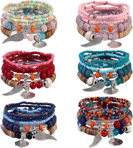 Beaded Bracelets for Women -Boho Beaded Bracelet Stack for Women, 6-Piece Stackable Stretch Bracelets Set, Colorful Layered Beaded Bracelets for Summer Beach & Festivals in Saudi Arabia