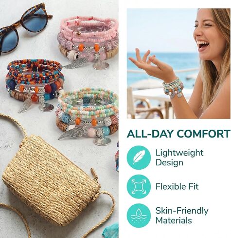 Beaded Bracelets for Women -Boho Beaded Bracelet Stack for Women, 6-Piece Stackable Stretch Bracelets Set, Colorful Layered Beaded Bracelets for Summer Beach & Festivals in Saudi Arabia