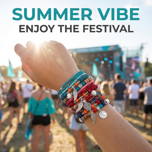 Beaded Bracelets for Women -Boho Beaded Bracelet Stack for Women, 6-Piece Stackable Stretch Bracelets Set, Colorful Layered Beaded Bracelets for Summer Beach & Festivals in Saudi Arabia