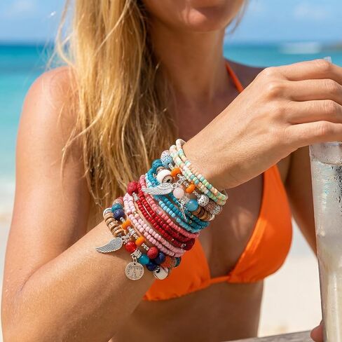 Beaded Bracelets for Women -Boho Beaded Bracelet Stack for Women, 6-Piece Stackable Stretch Bracelets Set, Colorful Layered Beaded Bracelets for Summer Beach & Festivals in Saudi Arabia