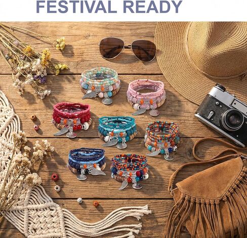 Beaded Bracelets for Women -Boho Beaded Bracelet Stack for Women, 6-Piece Stackable Stretch Bracelets Set, Colorful Layered Beaded Bracelets for Summer Beach & Festivals in Saudi Arabia