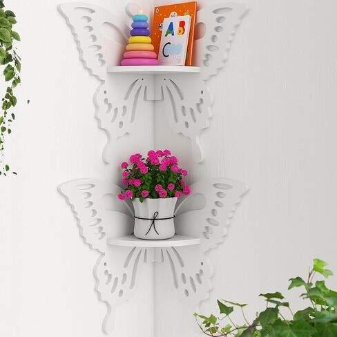 2-Tier Butterfly Corner Shelf - Nursery Wall Deor Floating Corner Shelf for Kid’s Room, Small Cute Decorative Shelf Wall Mounted, White Hanging Hollow Out Shelf for Toys, Plants and Storage in Saudi Arabia