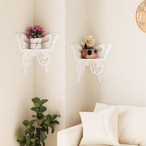 2-Tier Butterfly Corner Shelf - Nursery Wall Deor Floating Corner Shelf for Kid’s Room, Small Cute Decorative Shelf Wall Mounted, White Hanging Hollow Out Shelf for Toys, Plants and Storage in Saudi Arabia