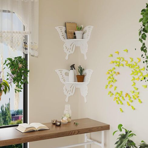 2-Tier Butterfly Corner Shelf - Nursery Wall Deor Floating Corner Shelf for Kid’s Room, Small Cute Decorative Shelf Wall Mounted, White Hanging Hollow Out Shelf for Toys, Plants and Storage in Saudi Arabia
