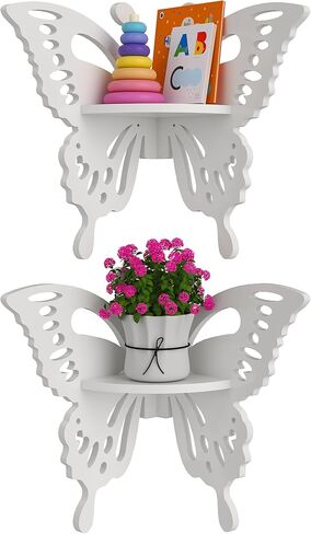 2-Tier Butterfly Corner Shelf - Nursery Wall Deor Floating Corner Shelf for Kid’s Room, Small Cute Decorative Shelf Wall Mounted, White Hanging Hollow Out Shelf for Toys, Plants and Storage in Saudi Arabia
