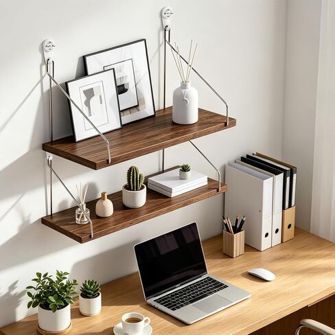 Renter Friendly Shelves No Drill, 2 Pack Renter Friendly Hanging Shelves, Rustic Wood Wall Mounted Shelf for Tenant, Dormitory, Apartment, Office Worker in Saudi Arabia