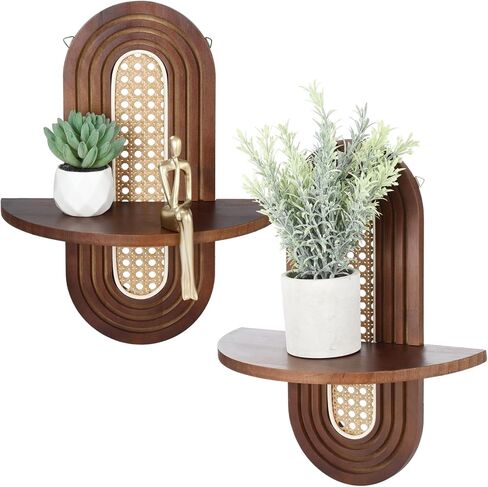 ZALIR 2 Pcs Floating Wall Shelves, Wall-Mounted Bohemian Rattan Shelf Supports 20 Lbs, Decorative Wood Mid Century Shelves for Bedroom, Living Room, Laundry Room in Saudi Arabia