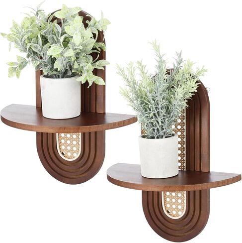ZALIR 2 Pcs Floating Wall Shelves, Wall-Mounted Bohemian Rattan Shelf Supports 20 Lbs, Decorative Wood Mid Century Shelves for Bedroom, Living Room, Laundry Room in Saudi Arabia
