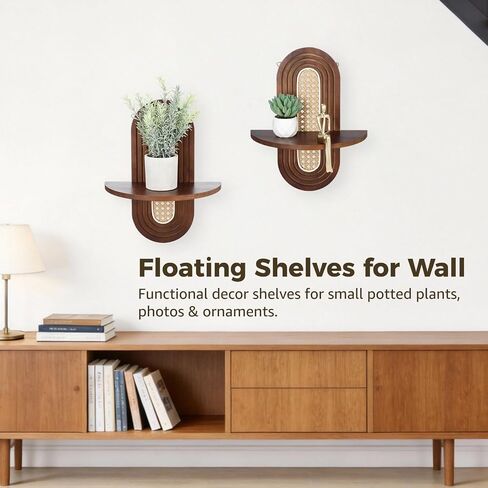 ZALIR 2 Pcs Floating Wall Shelves, Wall-Mounted Bohemian Rattan Shelf Supports 20 Lbs, Decorative Wood Mid Century Shelves for Bedroom, Living Room, Laundry Room in Saudi Arabia