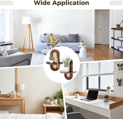 ZALIR 2 Pcs Floating Wall Shelves, Wall-Mounted Bohemian Rattan Shelf Supports 20 Lbs, Decorative Wood Mid Century Shelves for Bedroom, Living Room, Laundry Room in Saudi Arabia