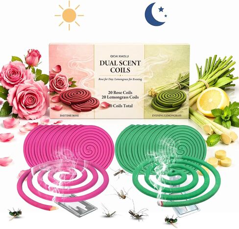 Dual Scent Incense Coil Set, Rose for Day & Lemongrass for Evening, Aromatherapy Incense for Relaxation, Meditation & Home Fragrance, Natural Scent for Indoor & Outdoor Use in Saudi Arabia