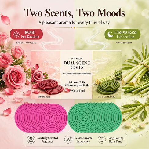 Dual Scent Incense Coil Set, Rose for Day & Lemongrass for Evening, Aromatherapy Incense for Relaxation, Meditation & Home Fragrance, Natural Scent for Indoor & Outdoor Use in Saudi Arabia