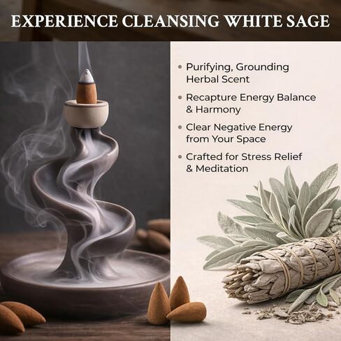 Backflow Incense Cones White Sage - Reverse Flow Waterfall Smoke Cones 108PCS for Backflow Incense Burner Meditation Yoga Spiritual Home Ambience in Kuwait
