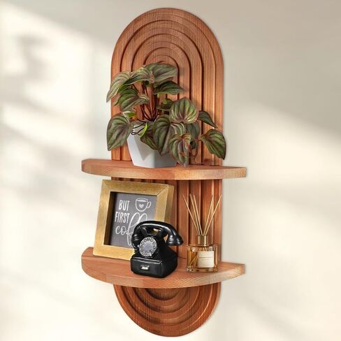 Arched Wall Shelf, Mid-Century Modern Boho Floating Shelf for Plants, Solid Wood 2-Tier Shelves for Bedroom Living Room Bathroom, Brown Wall Decor for Planter, Candlestick, Ornaments in Saudi Arabia