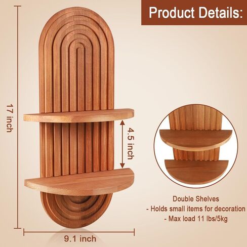 Arched Wall Shelf, Mid-Century Modern Boho Floating Shelf for Plants, Solid Wood 2-Tier Shelves for Bedroom Living Room Bathroom, Brown Wall Decor for Planter, Candlestick, Ornaments in Saudi Arabia