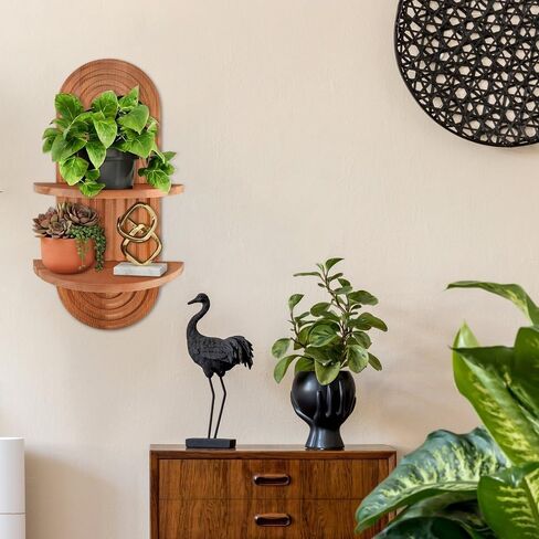 Arched Wall Shelf, Mid-Century Modern Boho Floating Shelf for Plants, Solid Wood 2-Tier Shelves for Bedroom Living Room Bathroom, Brown Wall Decor for Planter, Candlestick, Ornaments in Saudi Arabia