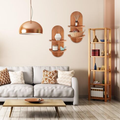 Arched Wall Shelf, Mid-Century Modern Boho Floating Shelf for Plants, Solid Wood 2-Tier Shelves for Bedroom Living Room Bathroom, Brown Wall Decor for Planter, Candlestick, Ornaments in Saudi Arabia