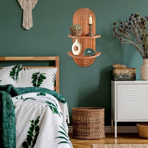 Arched Wall Shelf, Mid-Century Modern Boho Floating Shelf for Plants, Solid Wood 2-Tier Shelves for Bedroom Living Room Bathroom, Brown Wall Decor for Planter, Candlestick, Ornaments in Saudi Arabia