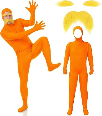 Orange Stretchy Halloween Bodysuit, Unisex Adult Cosplay Jumpsuit with Mustache & Eyebrows, Party Costume, 4 Sizes in Saudi Arabia